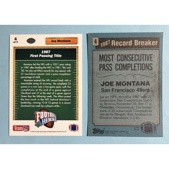 (2) JOE MONTANA 49ers ‘87 Passing Leader NFL 1988 + 1991 Football Cards #4 - Picture 2 of 2